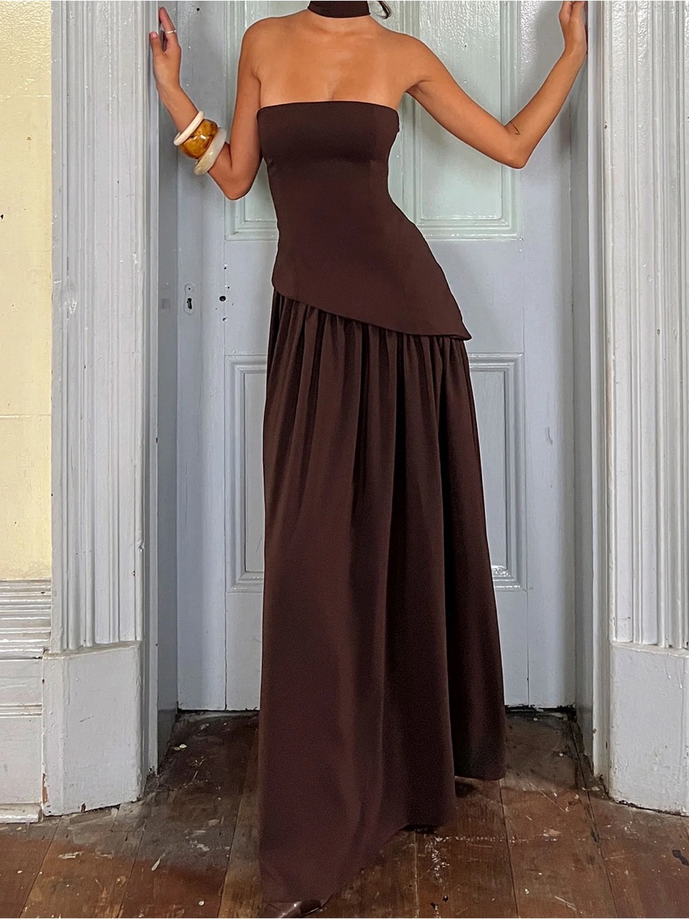 Princess Polly Odela Strapless Drop Waist Maxi Dress Chocolate